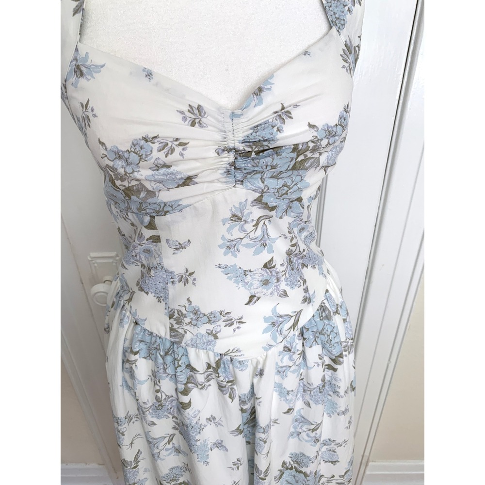 Floral Halter Sun Dress XS Coquette Blue White Sweetheart V-Waist Cottagecore - Picture 13 of 16